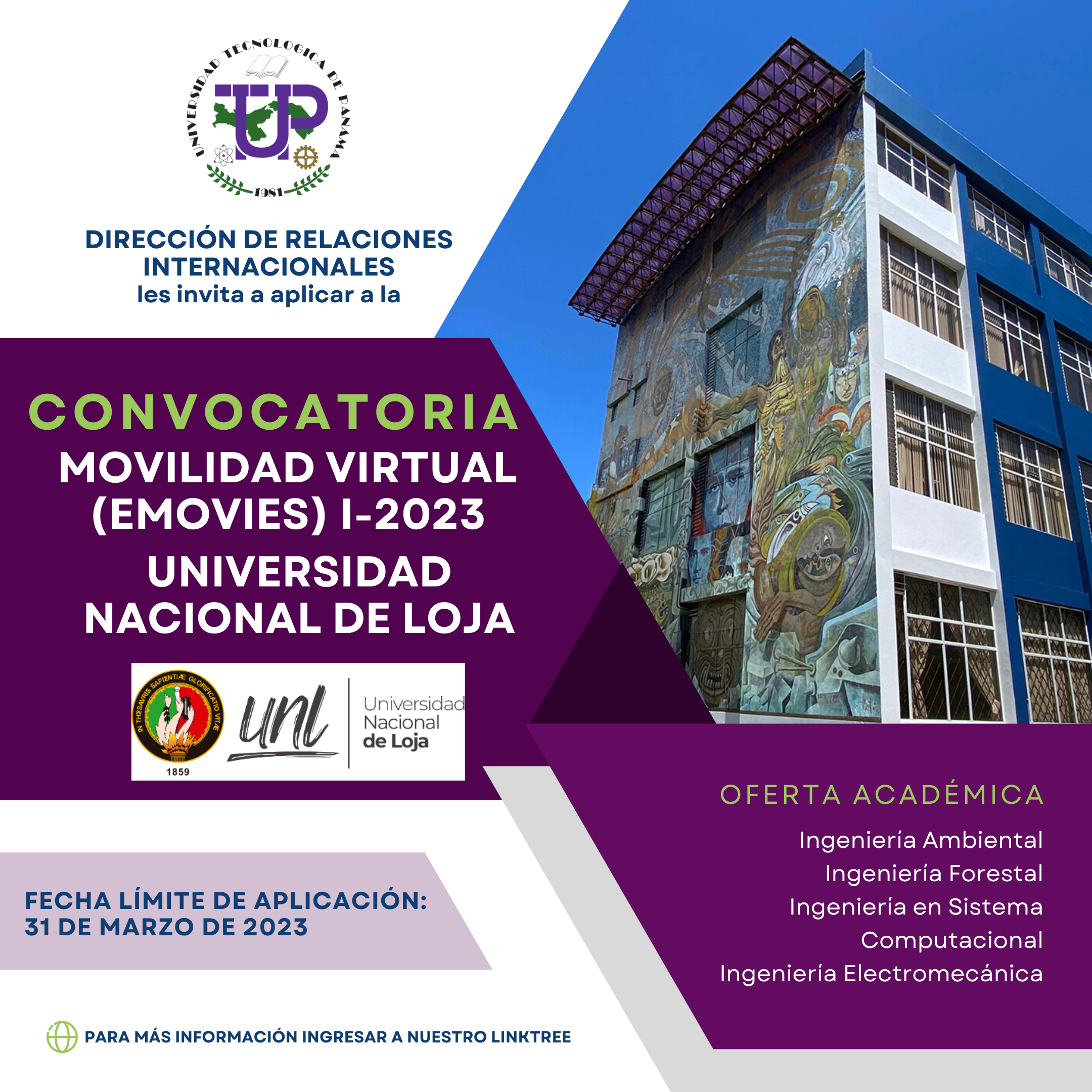 Afiche de promoción de la Convocatoria de Movilidad Saliente Virtual a la UNL