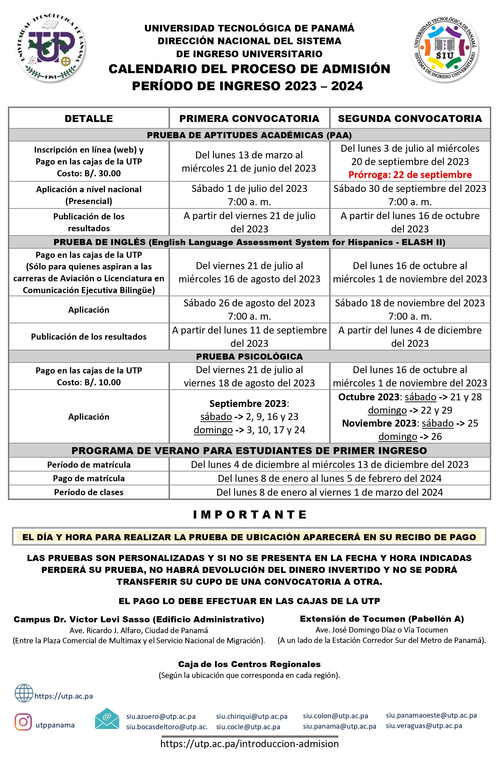 Calendario del Proceso de Admisión Universidad Tecnológica de Panamá