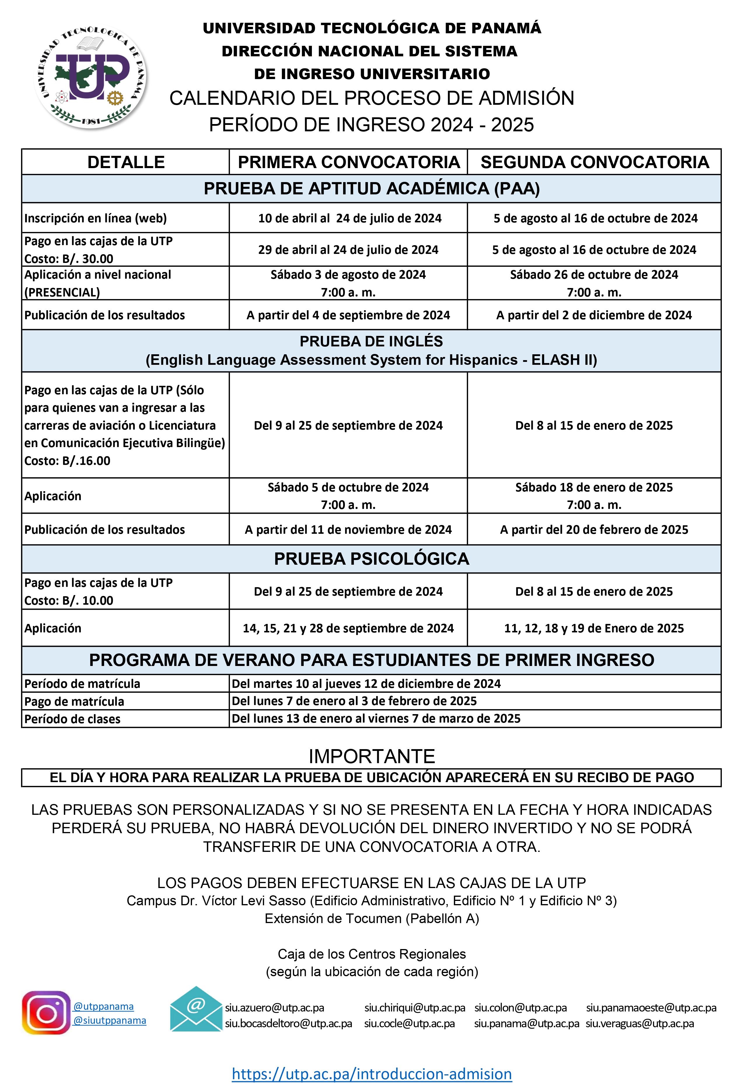 Calendario del Proceso de Admisión 2024-2025