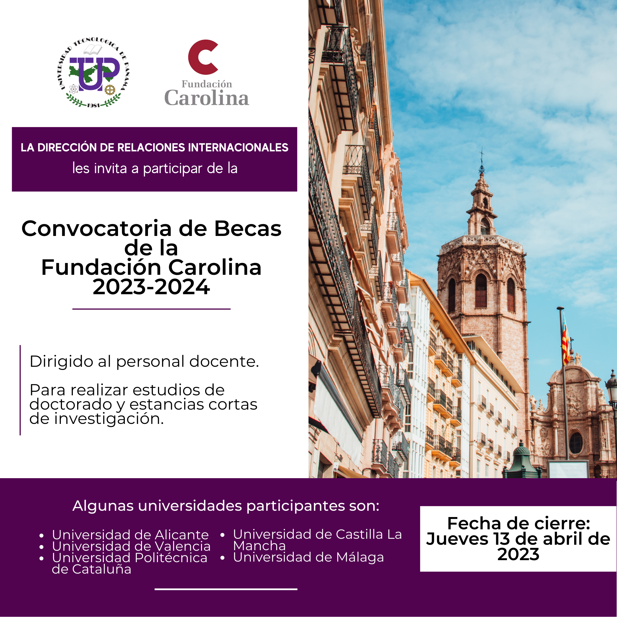 Afiche de promoción para la Convocatoria de Becas de la Fundación Carolina 2023-2024