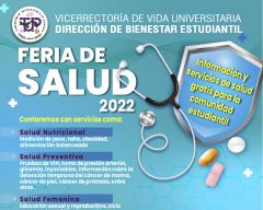 Feria de Salud, jueves 26 de mayo en horario de 10:00 a.m. a 3:00 p.m. en el Lobby del Edificio N°3,Se llevará a cabo La Feria de Salud 2022 en dónde podrás contar con la siguiente atención:Salud Nutricional, Salud Preventiva ,Salud Femenina, Salud Física, Salud Visual, Salud Podológica.