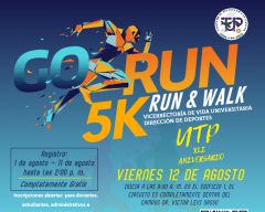 Go Run 5K, será el viernes 12 de agosto desde las 08:00 a. m. e inicia en el Edificio No. 1. El circuito será completamente cerrado, dentro del Campus Dr. Víctor Levi Sasso