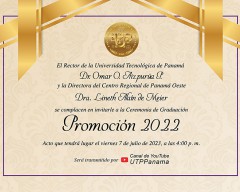 Graduación Promoción 2022 Centro Regional de Panamá Oeste, será transmitido por el canal de Youtube de la UTP a las 4:00 p.m.