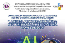 Afiche con la foto de la expositora, doctoranda Devora Meza Orellana, quien dicto la conferencia sobre inteligencia artificial, en el marco de la celebración del XV Aniversario de la Creación del CINEMI.
