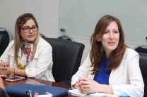 Nicole Schloegl, y Margoth Torres, Gerente del OIEA y de la Cancillería, representando  al  Oficial de Enlace del OIEA en Panamá, respectivamente. se muestran atentas en la reunión.