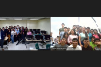 Encuentro virtual internacional UTP y UVG. Captura de pantalla de la reunión de Microsoft Teams donde se observa a los grupos de la UTP y de la UVG interconectados virtualmente.