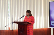 La rectora de la UTP, Dra. Ángela Laguna Caicedo, brindó palabras de bienvenida durante el acto de lanzamiento.