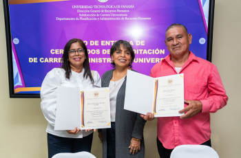 En representación del Centro Regional de la UTP, en Veraguas, recibieron sus certificados la Lic. María García, Asistente Administrativo, y el Sr. Gabino Quiel, Ayudante General. En representación del Centro Regional de la UTP, en Veraguas, recibieron sus certificados la Lic. María García, Asistente Administrativo, y el Sr. Gabino Quiel, Ayudante General.