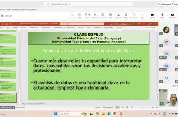 Diapositiva de la clase espejo entre la Universidad Privada del Este y la UTP sobre análisis de datos y estadística. 