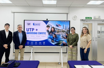 Foto grupal de las delegaciones de la UTP y CENFOTEC Representantes de la UTP y de la Universidad CENFOTEC en foto grupal tras la reunión de trabajo institucional.